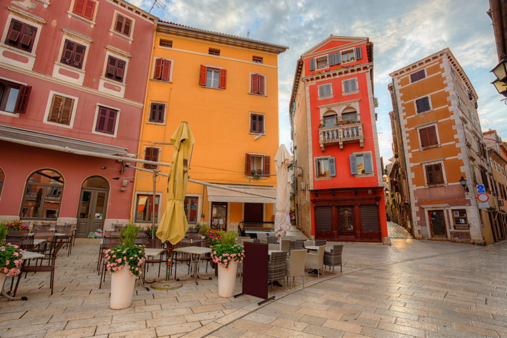 Street scene in old mediterranean town of Rovinj, Croatia.