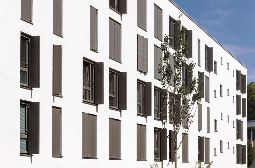 Shutters Outdoor, External Blinds on Modern Facade of High-rise building. Facade of Residential House.